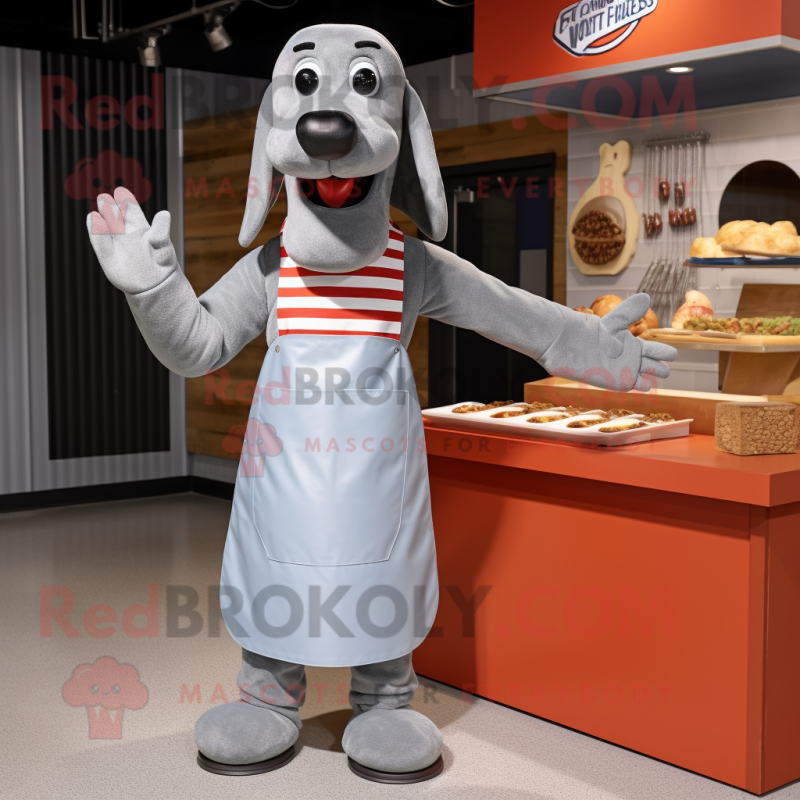 Gray Hot Dogs mascot costume character dressed with a Chambray Shirt and Gloves Gray Hot Dogs mascot costume character dressed with a Chambray Shirt and Gloves