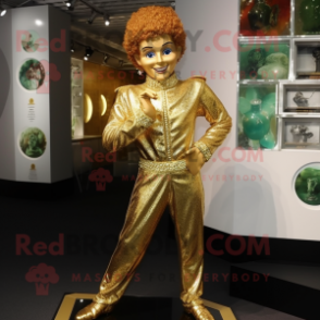 Gold Irish Dancer mascot costume character dressed with a Jumpsuit and Cufflinks