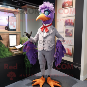 Lavender Pheasant mascot costume character dressed with a Suit Pants and Scarf clips