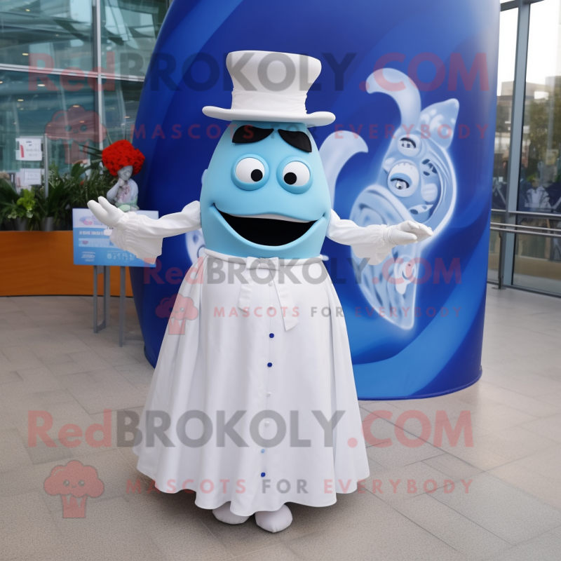 Blue Ceviche mascot costume character dressed with a Wedding Dress and Belts Blue Ceviche mascot costume character dressed with a Wedding Dress and Belts