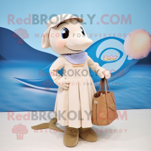 Beige Dolphin mascot costume character dressed with a A-Line Skirt and Tote bags