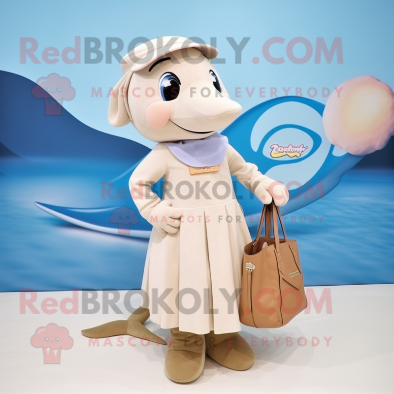 Beige Dolphin mascot costume character dressed with a A-Line Skirt and Tote bags Beige Dolphin mascot costume character dressed with a A-Line Skirt and Tote bags