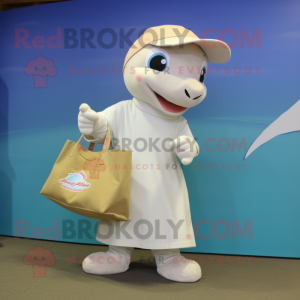 Beige Dolphin mascot costume character dressed with a A-Line Skirt and Tote bags