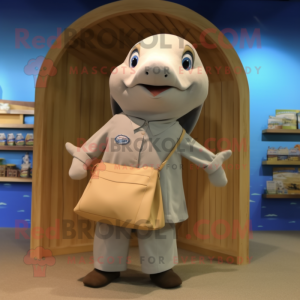 Beige Dolphin mascot costume character dressed with a A-Line Skirt and Tote bags