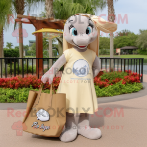 Beige Dolphin mascot costume character dressed with a A-Line Skirt and Tote bags