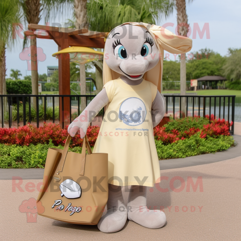 Beige Dolphin mascot costume character dressed with a A-Line Skirt and Tote bags Beige Dolphin mascot costume character dressed with a A-Line Skirt and Tote bags