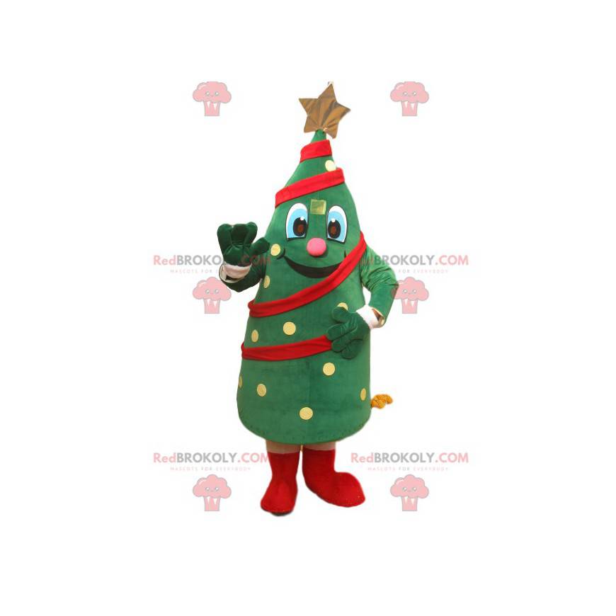 Cheerful Christmas tree mascot with a golden star -