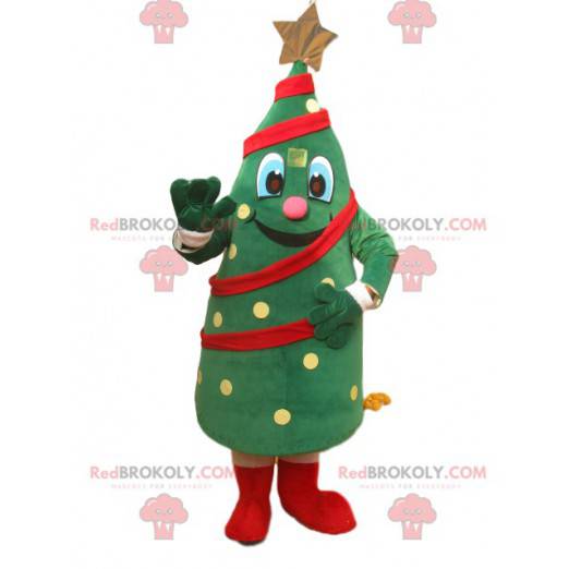 Cheerful Christmas tree mascot with a golden star -