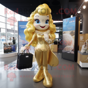 Gold Mermaid mascot costume character dressed with a Long Sleeve Tee and Handbags