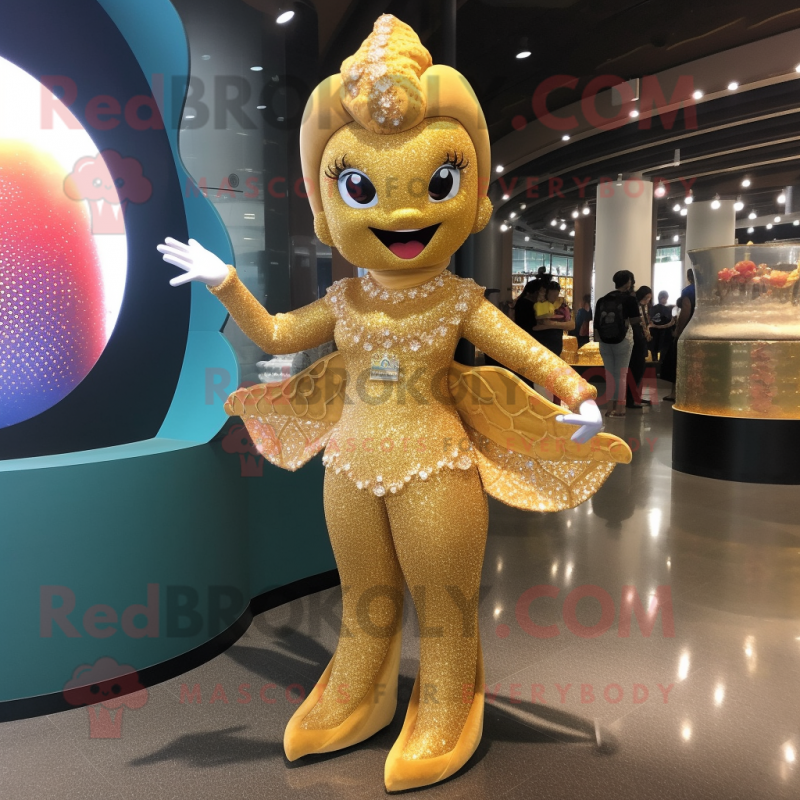 Gold Mermaid mascot costume character dressed with a Long Sleeve Tee and Handbags