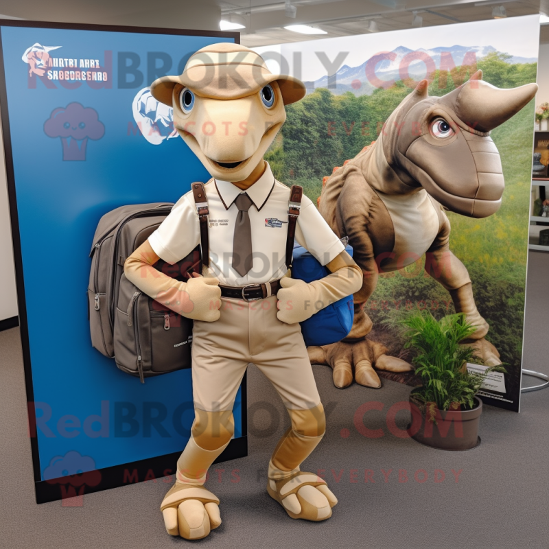 Tan Parasaurolophus mascot costume character dressed with a Oxford Shirt and Backpacks