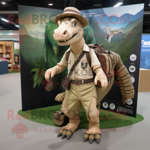 Tan Parasaurolophus mascot costume character dressed with a Oxford Shirt and Backpacks
