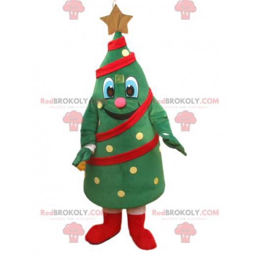Cheerful Christmas tree mascot with a golden star -