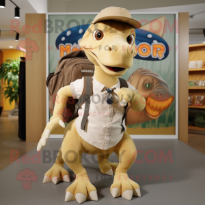 Tan Parasaurolophus mascot costume character dressed with a Oxford Shirt and Backpacks