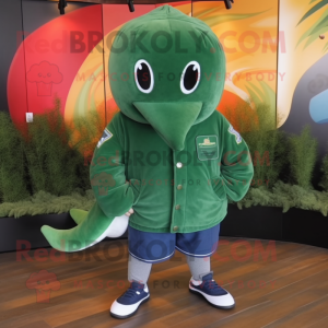 Forest Green Narwhal mascot costume character dressed with a Jacket and Shoe laces