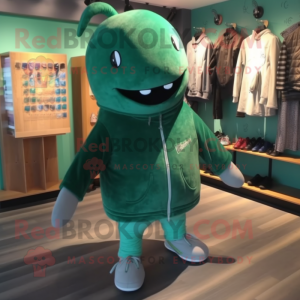 Forest Green Narwhal mascot costume character dressed with a Jacket and Shoe laces