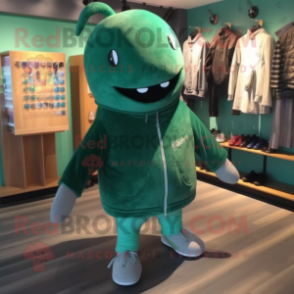 Forest Green Narwhal mascot costume character dressed with a Jacket and Shoe laces