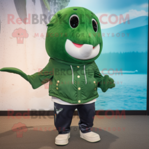 Forest Green Narwhal mascot costume character dressed with a Jacket and Shoe laces