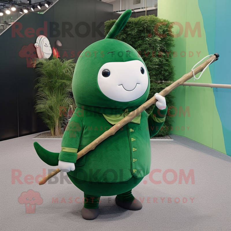 Forest Green Narwhal mascot costume character dressed with a Jacket and Shoe laces