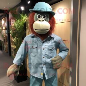 Teal Orangutan mascot costume character dressed with a Chambray Shirt and Caps
