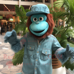 Teal Orangutan mascot costume character dressed with a Chambray Shirt and Caps