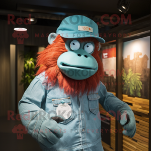 Teal Orangutan mascot costume character dressed with a Chambray Shirt and Caps