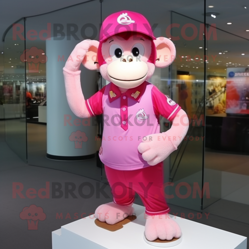 Pink Monkey mascot costume character dressed with a Polo Shirt and Caps