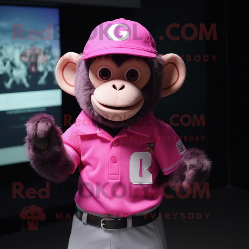 Pink Monkey mascot costume character dressed with a Polo Shirt and Caps