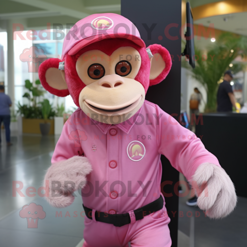 Pink Monkey mascot costume character dressed with a Polo Shirt and Caps Pink Monkey mascot costume character dressed with a Polo Shirt and Caps