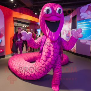 Magenta Titanoboa mascot costume character dressed with a Leggings and Mittens