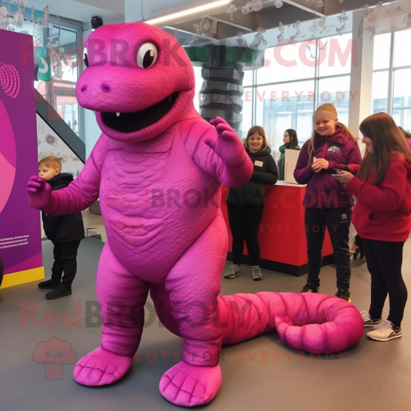 Magenta Titanoboa mascot costume character dressed with a Leggings and Mittens Magenta Titanoboa mascot costume character dressed with a Leggings and Mittens