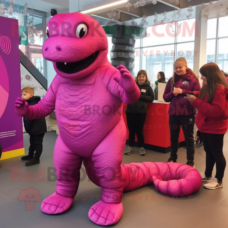 Magenta Titanoboa mascot costume character dressed with a Leggings and Mittens