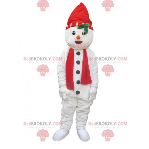 Mascota del muñeco de nieve con un sombrero y una bufanda roja.