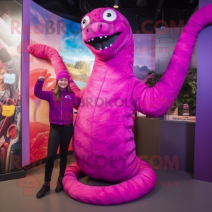 Magenta Titanoboa mascot costume character dressed with a Leggings and Mittens