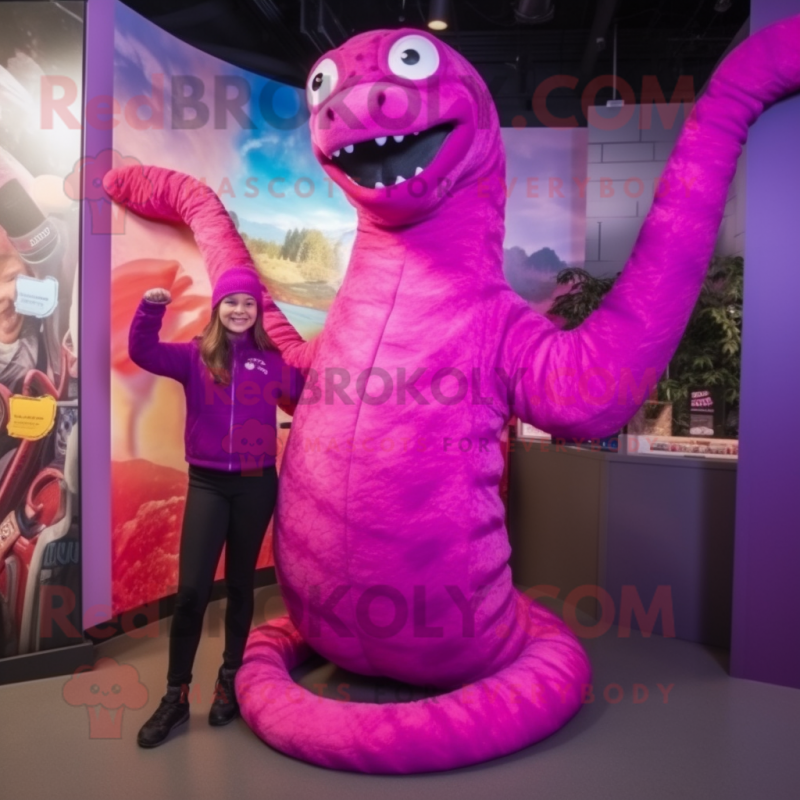 Magenta Titanoboa mascot costume character dressed with a Leggings and Mittens