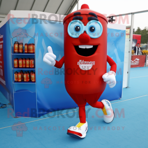 Sky Blue Bottle Of Ketchup mascot costume character dressed with a Running Shorts and Reading glasses