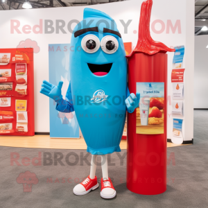 Sky Blue Bottle Of Ketchup mascot costume character dressed with a Running Shorts and Reading glasses