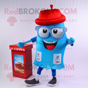 Sky Blue Bottle Of Ketchup mascot costume character dressed with a Running Shorts and Reading glasses