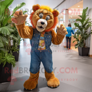 Rust Lion mascot costume character dressed with a Boyfriend Jeans and Gloves
