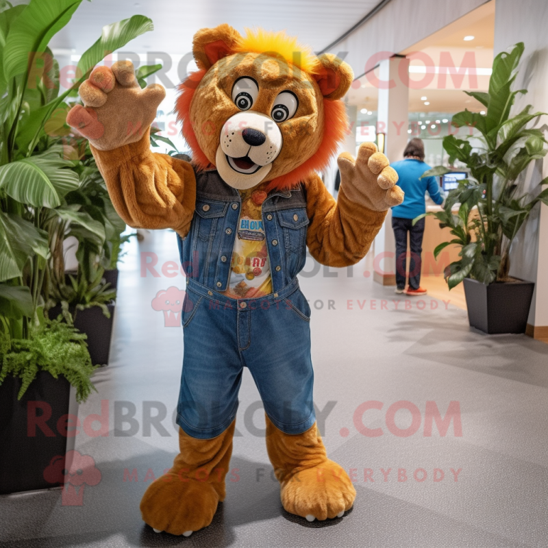 Rust Lion mascot costume character dressed with a Boyfriend Jeans and Gloves Rust Lion mascot costume character dressed with a Boyfriend Jeans and Gloves