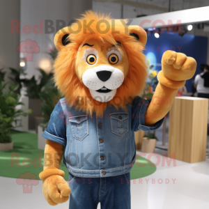Rust Lion mascot costume character dressed with a Boyfriend Jeans and Gloves