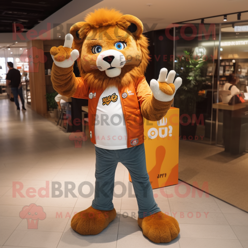 Rust Lion mascot costume character dressed with a Boyfriend Jeans and Gloves