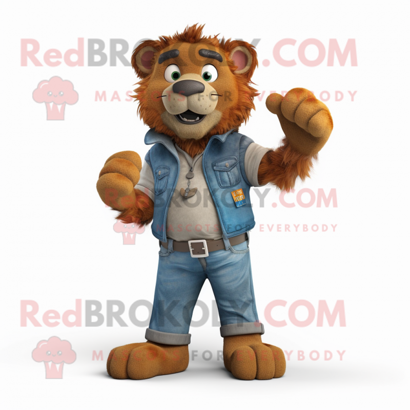 Rust Lion mascot costume character dressed with a Boyfriend Jeans and Gloves