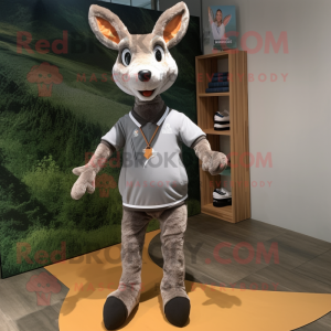 Gray Roe Deer mascot costume character dressed with a Henley Tee and Foot pads