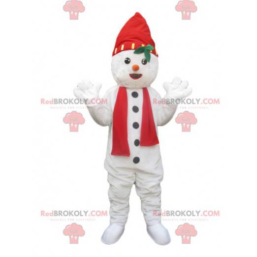 Mascotte pupazzo di neve con un cappello e una sciarpa rossa -