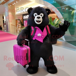 Magenta Spectacled Bear mascot costume character dressed with a Suit and Messenger bags