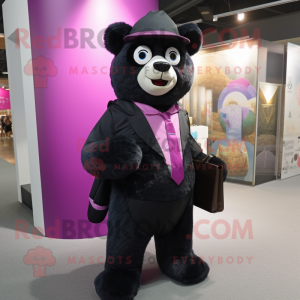 Magenta Spectacled Bear mascot costume character dressed with a Suit and Messenger bags