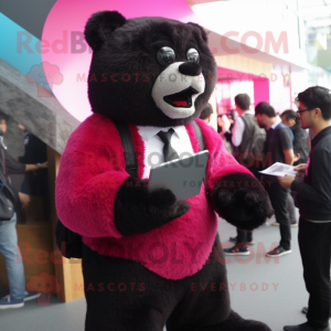 Magenta Spectacled Bear mascot costume character dressed with a Suit and Messenger bags