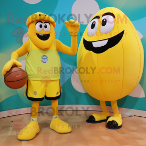 Yellow Basketball Ball mascot costume character dressed with a Bermuda Shorts and Messenger bags