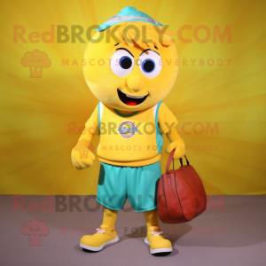 Yellow Basketball Ball mascot costume character dressed with a Bermuda Shorts and Messenger bags